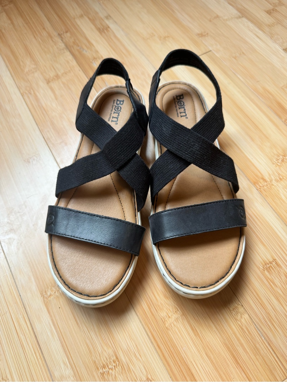 Born Black Crisscross Elastic Strap Sandals with Tan Footbed